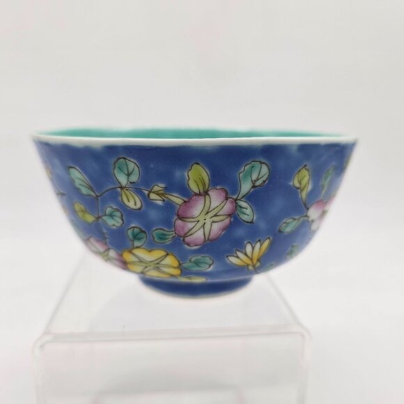 Vintage Chinese Hand Painted Cloisonne Blue Floral Bowl 4.5" - Picture 8 of 8